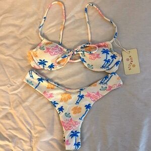 Aurelle Swimwear, white/cream, palm tree and floral pattern bikini set